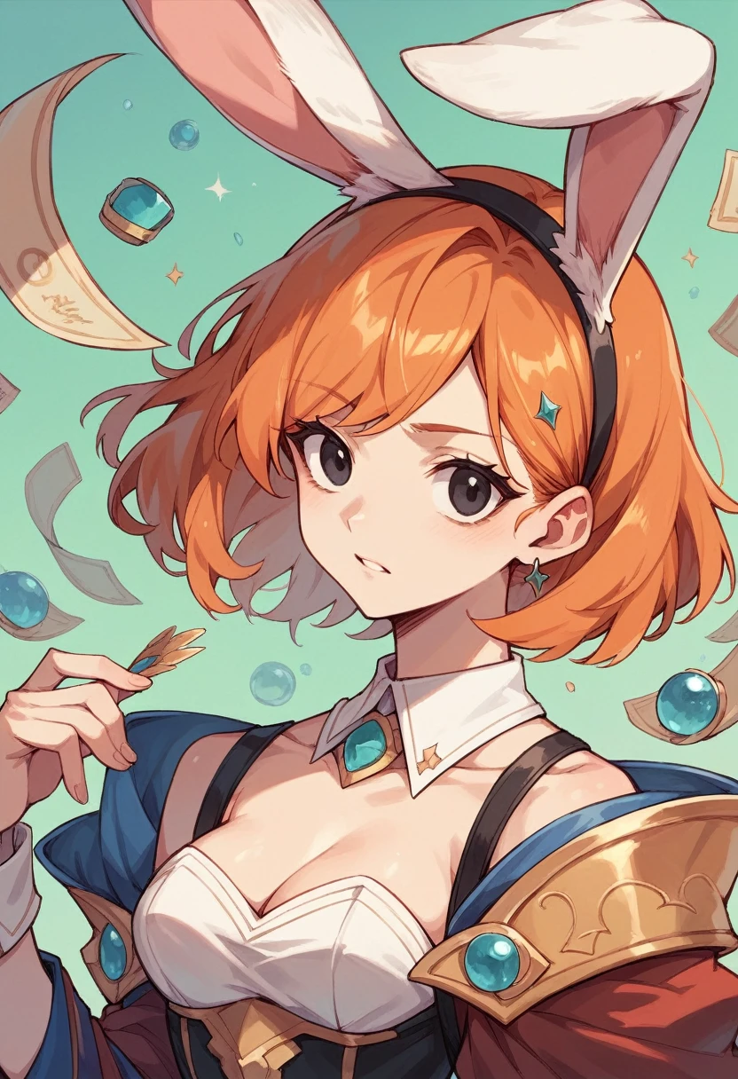 An anime girl with long orange hair, black eyes, and bunny ears.(Masterpiece) 16 years