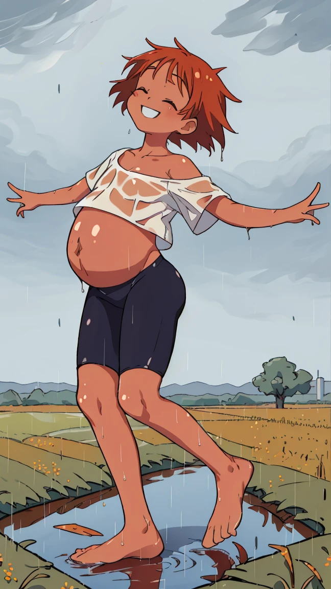 Edward, (((dancing))) in the rain, bare feet, raining hard, full body, feet in puddle,  hands in the air, looking up at the sky, eyes closed, (((field background))) smiling, wet clothes, wet hair, clothing clinging to skin, midriff,orange hair,white shirt,off shoulder,collarbone,tan skin, black bike shorts,goggles, brown eyes, smiling, (insanely detailed, beautiful detailed face, masterpiece, best quality), hyper-pregnant , short stature, elementary school student 