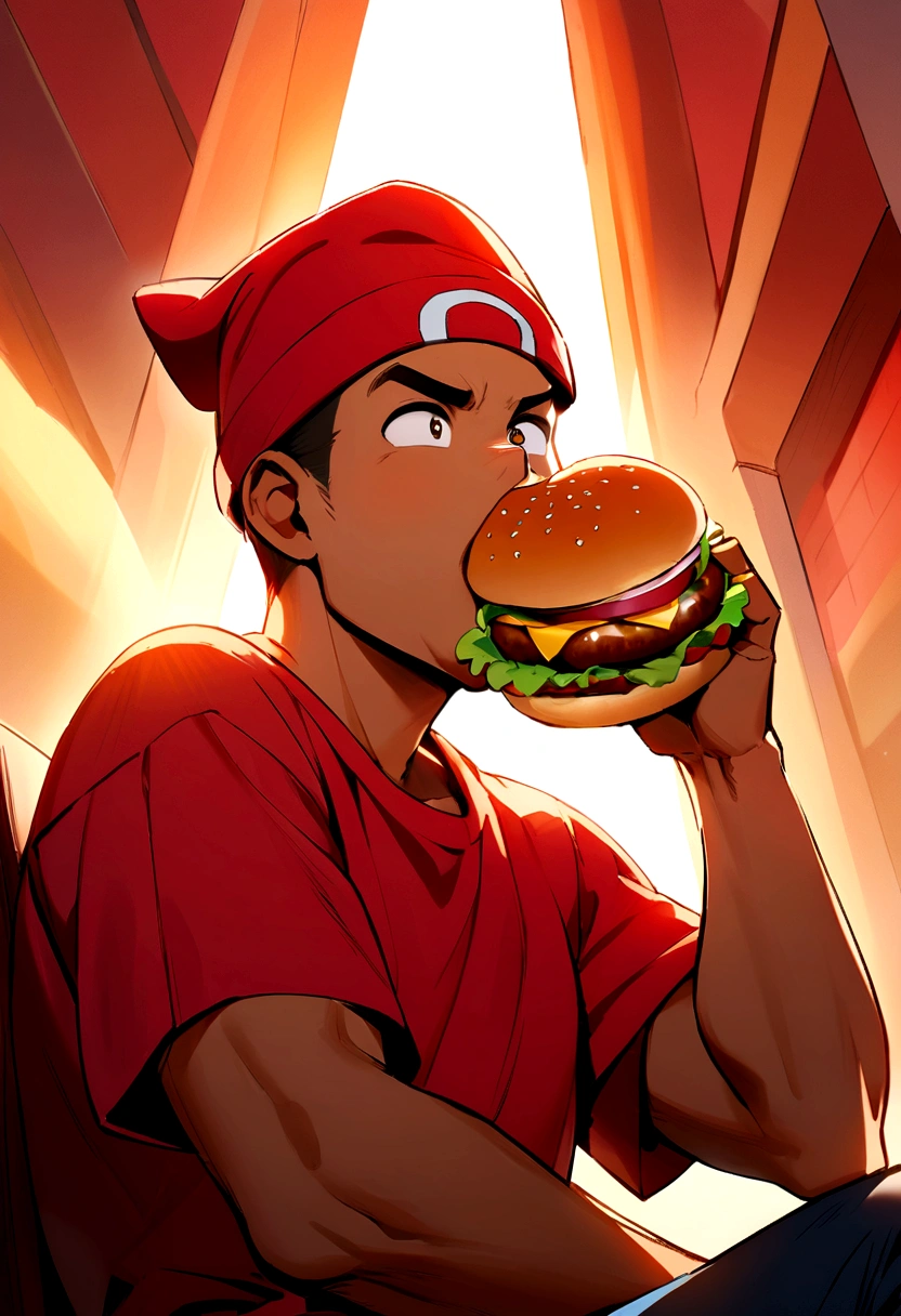Cartoon character of a man with a red cap and a red shirt eating a hamburger