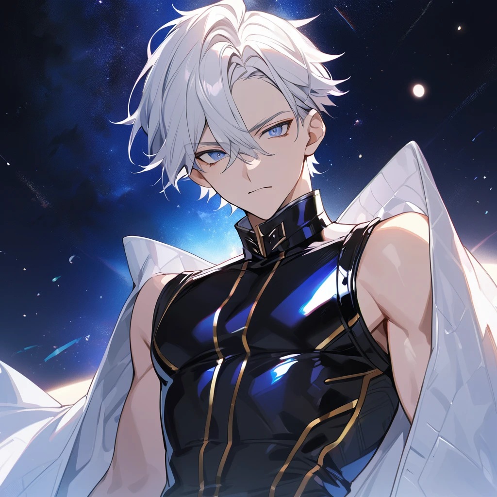 High quality, HD, 4k, no shadows, handsome male, 1male, 17 years old, teenager, golden lining, short white hair, sharp eyes, dark blue eyes, blue eyes, deep blue eyes, devil may cry, close up, calm expression, stoic expression, black leather clothes, white leather clothing, lean body, well trained body, upper body, looking at viewer, cowboy shot, white solar, space background