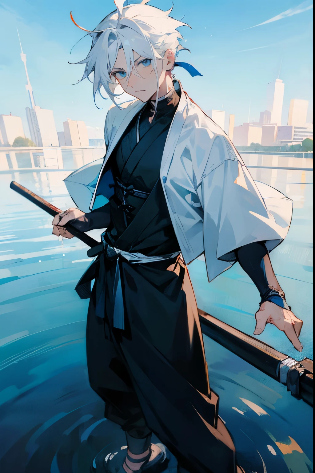 1male , White Yukata . messy white hair , Modern undercut hair , bright blue eyes , Serious Expression , Ninja clothing , Standing on a pond , Standing on water