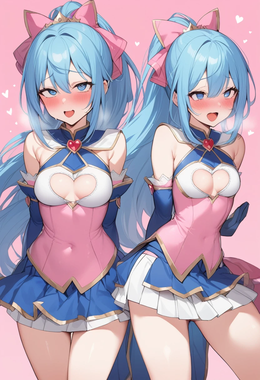 Pink Background、ahegao、tongue、masterpiece、Highest quality、One girl、chest、pubic hair、女性のpubic hair、underwear、blue eyes、gloves、Heart Cutout、panties、Blue Hair、blush、smile、Long Hair、巨大なchest、skirt、ponytail、Exposing shoulders、skirtをめくる、Magical girl、肘のgloves、Open your mouth、Solo Focus、tiara、Turn over your clothes、See who&#39;s watching、Hiding her nipples、白いgloves、Pussy juice、Thighs、Cane、Clothes cutouts、camera、High leg、choker、Squat、Spread your legs、(How)、Takeda Hiromitsu Style、