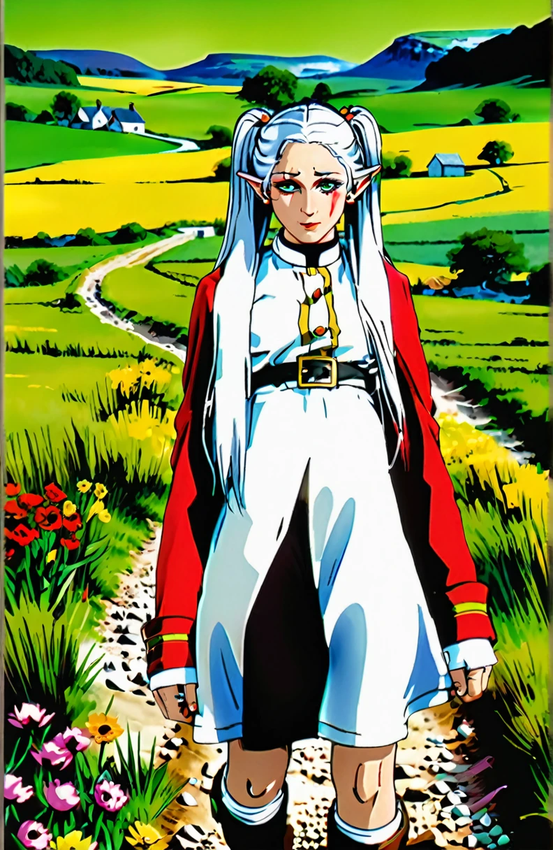 incredible quality, ultra detaild, work of art, movie poster.
1 imposing, confident and powerful adult woman, freeze, elf ears, gray hair, cabelo twintails, greeneyes, make-up, black mascara, ombre, Red Earrings, White jacket with dark yellow details, striped shirt, black belt, belt buckle, white skirt with dark yellow details to the knee, black pantyhose, brown boots, walking on a dirt road with small loose stones and in the background a green field with flowers, extremely detaild, 