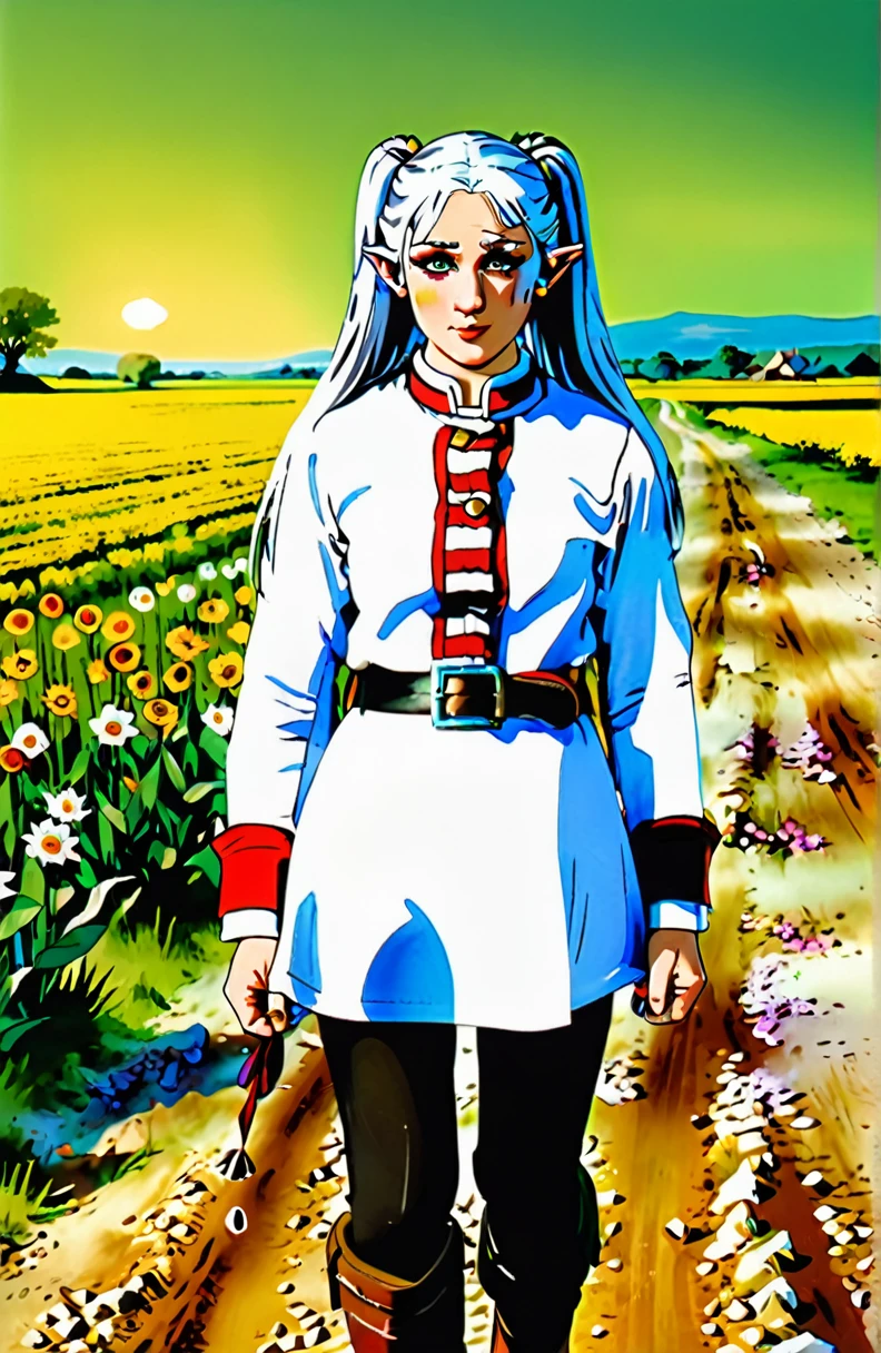 incredible quality, ultra detaild, work of art, movie poster.
1 imposing, confident and powerful adult woman, freeze, elf ears, gray hair, cabelo twintails, greeneyes, make-up, black mascara, ombre, Red Earrings, White jacket with dark yellow details, striped shirt, black belt, belt buckle, white skirt with dark yellow details to the knee, black pantyhose, brown boots, walking on a dirt road with small loose stones and in the background a green field with flowers, extremely detaild, 