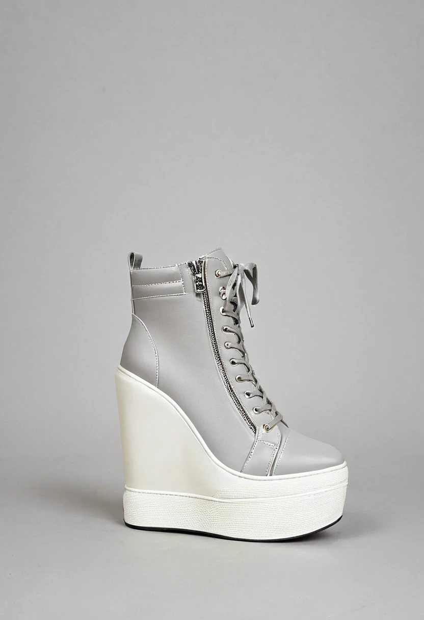 a shop window display, featuring pairs of women dancer's trainers. custom high top trainers. dainty pointed toe. reinforced very high top. grey and cream colour. chunky heel. zip fastening, front zip.