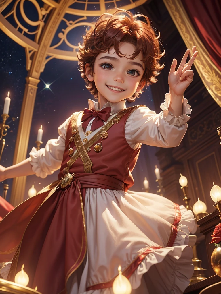 Best picture quality, fairy tale world, young 5 year old boy in prince costume, single red rose, holding glass dome with red rose, happy smile, best smile, very cute boy, amazingly very large round shining eyes, chestnut hair, desert background, image from the story of the prince of the stars,