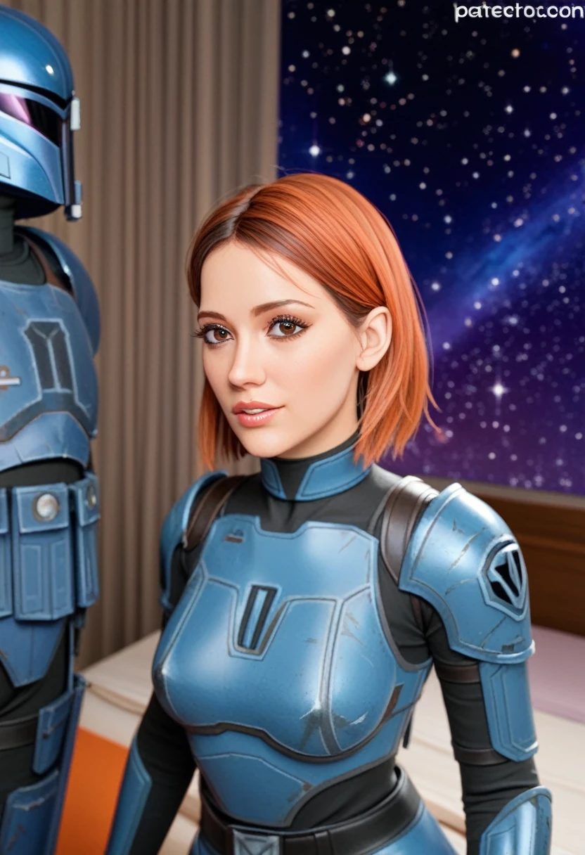 score_9_up, score_8_up, score_7_up, 1girl, solo, mature female, ((Bo Katan)), orange bob hair, brown eyes, pink lips, parted lips, fit slim body, (((blue and white Mandalorian armor suit))), (((Starship bedroom, space in the porthole))), perfect model body, standing