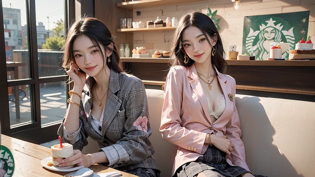 8K、RAW Photos、Highest quality、Super detailed、Super Resolution、Ultra HD、8K壁紙、Amazing details blazer uniform girl ((White blouse with formal collar, Pink Blazer,
Black plaid skirt, Red checkered ribbon on blouse)), Complete limbs, Full Finger,
(((((Inside the Starbucks store)))))、((16 year old female student))、(((((Eat cake、Drink coffee、smile)))))、(((Heart Necklace、Gold bracelet)))
(((Emphasize cleavage)))
((((Woman sitting at the window seat))))
(((Full body photo、The whole body is visible、Full body portrait)))
((((I can see the flower patterned bra))))