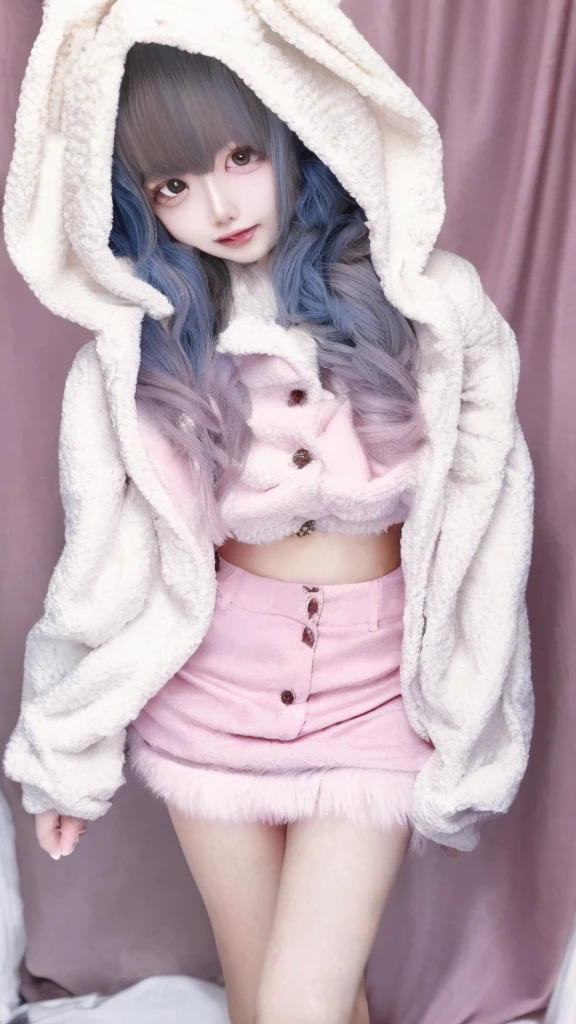 bunbun, skirt, jacket, midriff, hood, rabbit ears, leg warmers, best quality, masterpiece, illustration, realistic, photo-realistic, amazing, finely detail, incredibly absurdres, huge filesize, ultra-detailed, highres, extremely detailed CG unity 8k wallpaper, nsfw, A cute Korean woman with a cute face and hairstyle is wearing a pink crop top with a fuzzy white rabbit ear hoodie. The hoodie is open, revealing the pink crop top underneath. She is also wearing leg warmers. The woman is standing in a cute room with pink and blue tones. The room is decorated with many cute decorations.