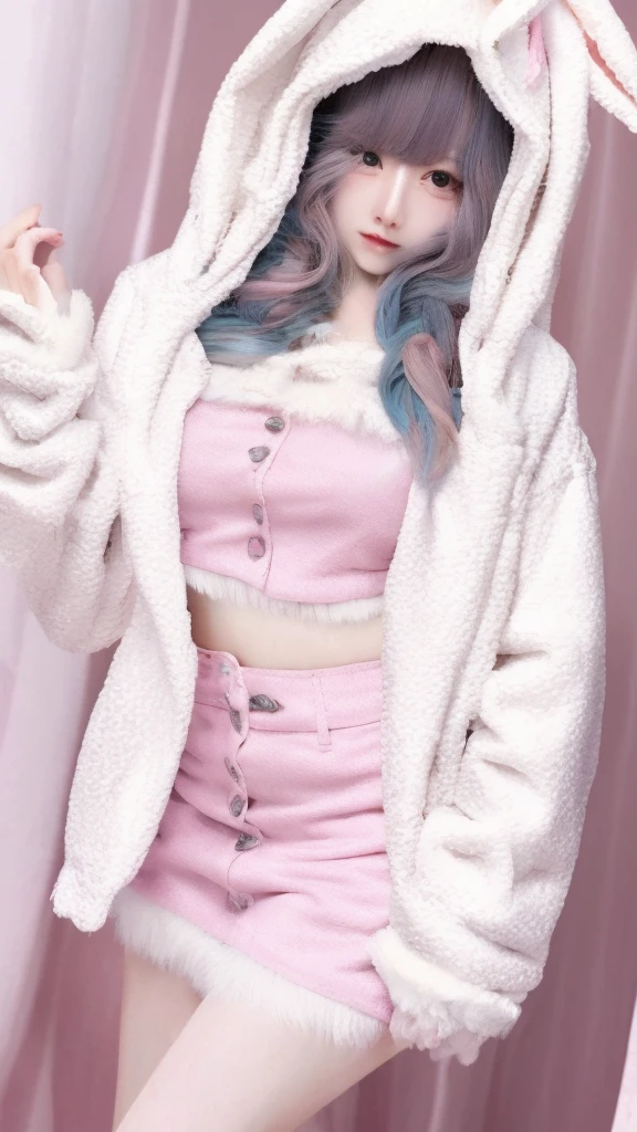 bunbun, skirt, jacket, midriff, hood, rabbit ears, leg warmers, best quality, masterpiece, illustration, realistic, photo-realistic, amazing, finely detail, incredibly absurdres, huge filesize, ultra-detailed, highres, extremely detailed CG unity 8k wallpaper, nsfw, A cute Korean woman with a cute face and hairstyle is wearing a pink crop top with a fuzzy white rabbit ear hoodie. The hoodie is open, revealing the pink crop top underneath. She is also wearing leg warmers. The woman is standing in a cute room with pink and blue tones. The room is decorated with many cute decorations.