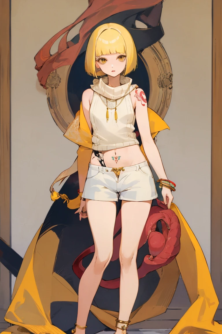 ((Highest quality)), ((masterpiece)), (be familiar with),nsfw,woman,Yellow Hair,Bobcut,Uterus tattoo,Sleeveless sweater,shawl,Shorts,anklet
