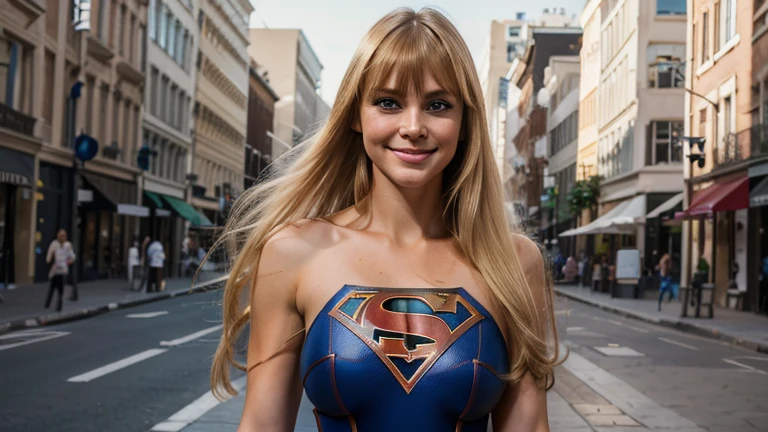 1 girl, ((Dressed as Supergirl)), beautiful Realistic supermodel (blue eyes), (She is smiling: 1.1), perfect face, split lips, (Best quality, 8k, Masterpiece: 1.3), perfect hands, focus clear: 1.2, perfect body beauty: 1.4, thin abdomen: 1.2, highly detailed face and skin texture, detailed eyes, (long blonde hair with bangs: 1.3) standing, dynamic pose, (in a city)