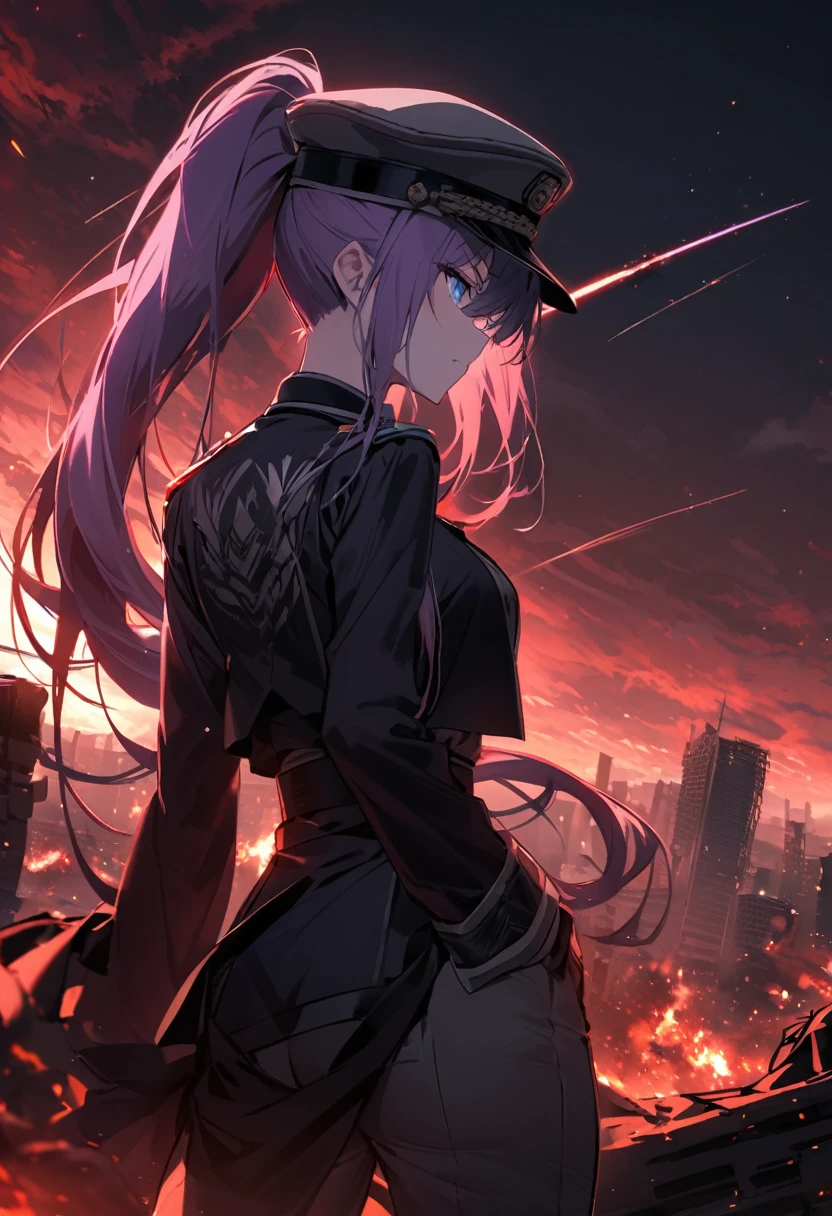 Facing forward girl Military uniforms with a white base and some black Spectacular Background A shooting star is falling Beautiful night view She is on the right On the left you can see the destroyed city. He has a gun 服にはplaneが描かれています 背景の上部にはFighterが飛んでいます Red Moon blue eyes There is one person Purple long hair wearing a military cap war I'm wearing pants Precision masterpiece girlにクローズアップ girlを正面から見ています ponytail long hair soldier battlefield {超Precision} Satanic She's angry But I'm angry Hanging eyes Anime Style {war} {Gunfight} {Fighterの擬人化} Fighter tank Battleship plane Thunder Day Mechanical Man 宇宙Battleshipヤマトの武装をつけています A dignified expression F-16Fighterの翼を背中につけています tankがいます