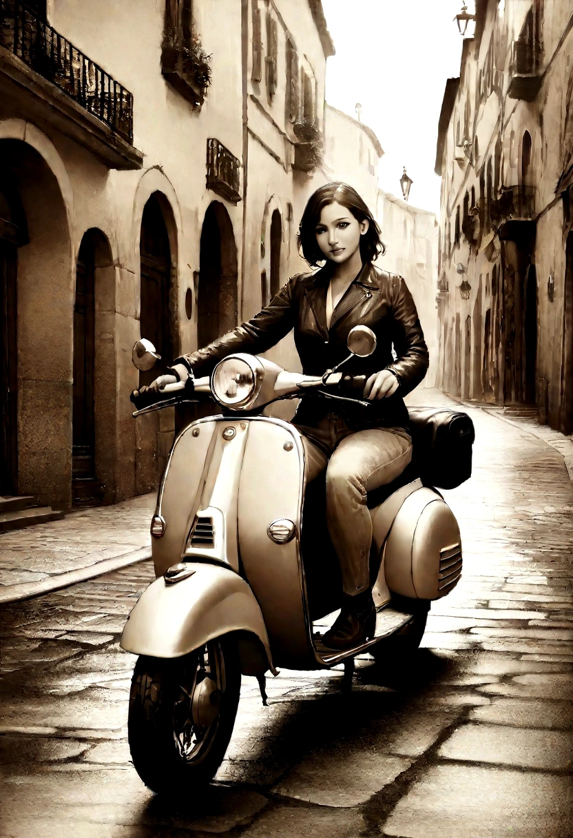 Italian Vespa scooter, elegantly parked on cobblestone street, Sepia Photo, ((realistic, masterpiece, Best Quality, 8K, high resolution:1.3)), photorealistic, (illustration:0.7), extremely fine, extremely detailed CG, Beautiful Vespa details, Old town in Italy, Nostalgic Scene, Italian girl riding a Vespa,