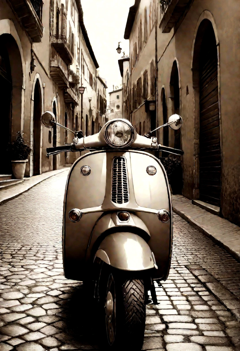Italian Vespa scooter, elegantly parked on cobblestone street, Sepia Photo, ((realistic, masterpiece, Best Quality, 8K, high resolution:1.3)), photorealistic, (illustration:0.7), extremely fine, extremely detailed CG, Beautiful Vespa details, Old town in Italy, Nostalgic Scene, Italian girl riding a Vespa,