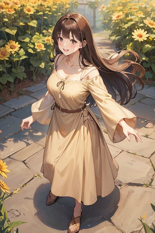 A straight haired brunette adult female standing on the ground, wearing loose brown plain summer dress with cuff sleeves, low neckline, medieval, brown hair, large long shaped tits, silly personalty, cute happy demeanor, sunny disposition, deredere,