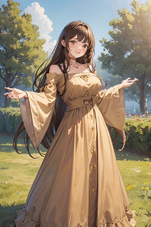A straight haired brunette adult female standing on the ground, wearing loose brown plain summer dress with cuff sleeves, low neckline, medieval, brown hair, large long shaped tits, silly personalty, cute happy demeanor, sunny disposition, deredere,