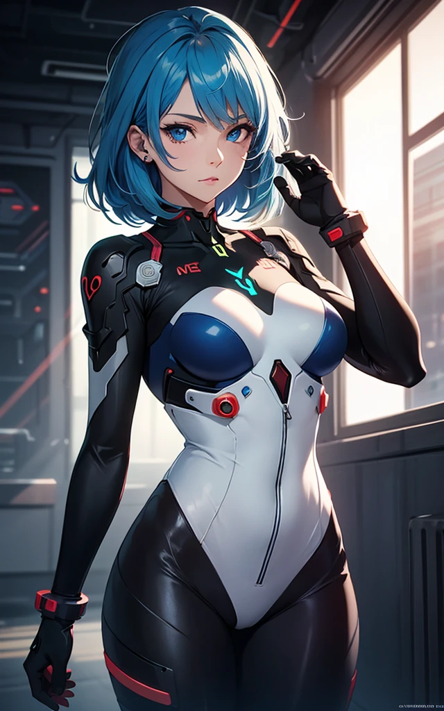 (((Adult Woman))), ((Best Quality)), ((masutepiece)), (Detailed: 1.4), (Absurd), Genesis evangelion neon style clothing, 2-piece clothing, bobhair, arm tatoo, cybernetic hands, pastel, Centered, scale to fit the dimensions, nffsw (High dynamic range),Ray tracing,NVIDIA RTX,Hyper-Resolution,, Anisotropy Filtering, Multilayer textures, accurate simulation of light and material interactions, Perfect proportions, Octane Render, Two-tone lighting, Wide aperture, Crysisnanosuit,Blue hair, Blue eyes, Hyper Realistic
