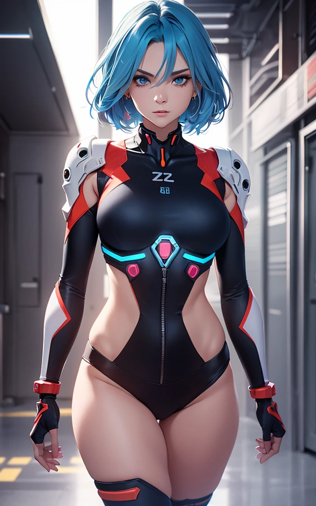 (((Adult Woman))), ((Best Quality)), ((masutepiece)), (Detailed: 1.4), (Absurd), Genesis evangelion neon style clothing, 2-piece clothing, bobhair, arm tatoo, cybernetic hands, pastel, Centered, scale to fit the dimensions, nffsw (High dynamic range),Ray tracing,NVIDIA RTX,Hyper-Resolution,, Anisotropy Filtering, Multilayer textures, accurate simulation of light and material interactions, Perfect proportions, Octane Render, Two-tone lighting, Wide aperture, Crysisnanosuit,Blue hair, Blue eyes, Hyper Realistic