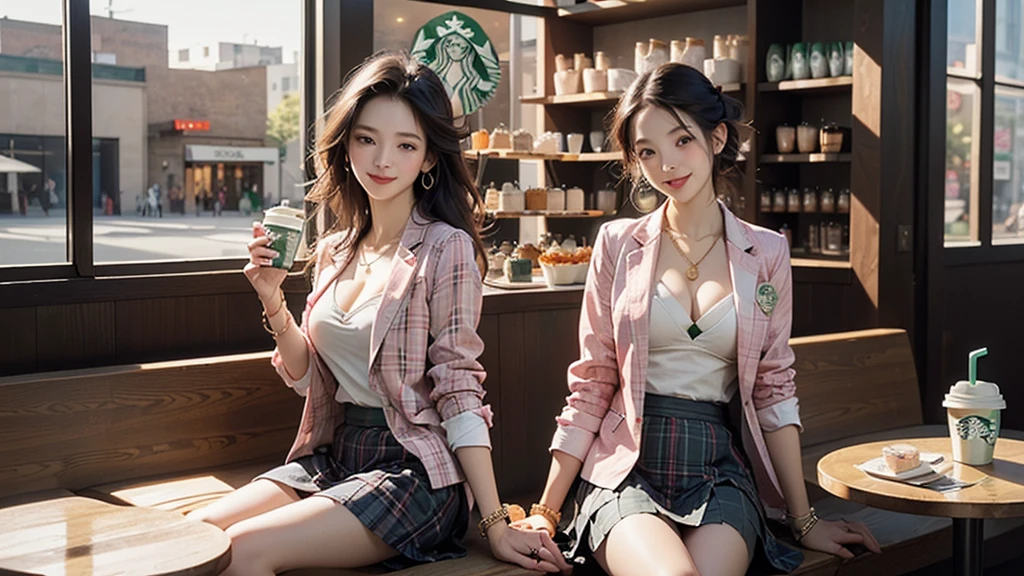 8K、RAW Photos、Highest quality、Super detailed、Super Resolution、Ultra HD、8K壁紙、Amazing details blazer uniform girl ((White blouse with formal collar, Pink Blazer, 
Black plaid skirt, Red checkered ribbon on blouse)), Complete limbs, Full Finger, 
(((((Inside the Starbucks store)))))、(( female student))、( cake、Drink coffee、smile)))))、(((Heart Necklace、Gold bracelet)))
(((Emphasize cleavage)))
((((Woman sitting at the window seat))))
(((Full body photo、The whole body is visible、Full body portrait)))
((((I can see the flower patterned bra))))
