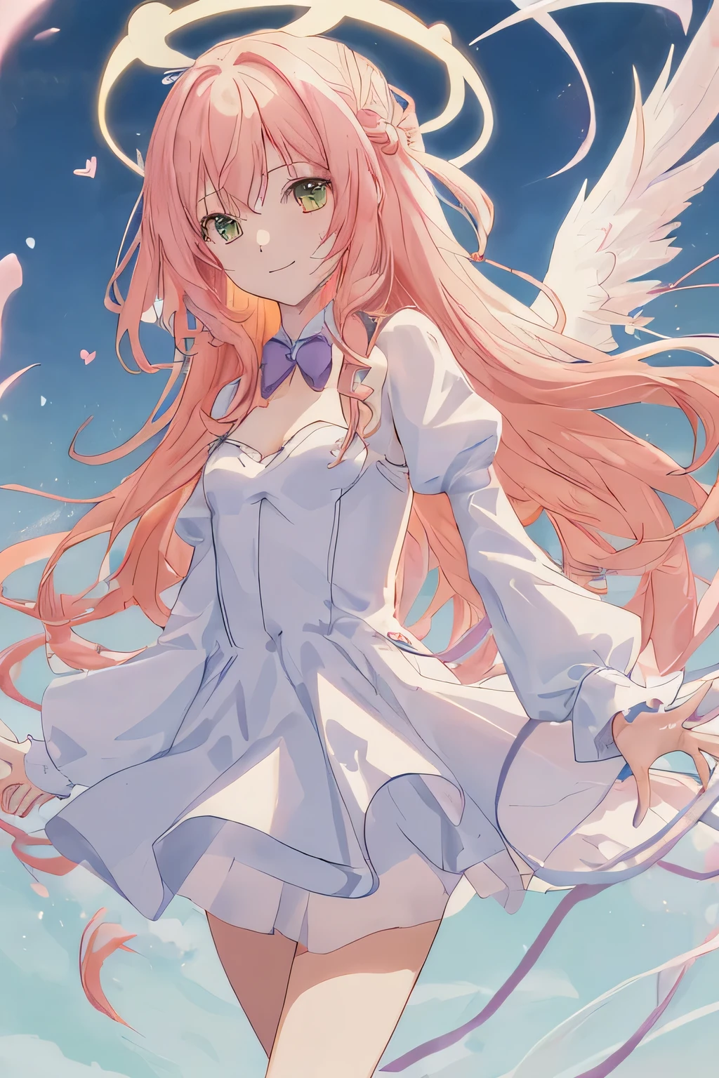 1_girl, (anime, kawai:2), (masterpeice, best_quality, clean:1.5), (sky_background:1.2), (cute, cute_smile, young:1.5), (delicate, extremely_delicate, beautiful, thin:1.5), (girlfriend, angel:1.8), (green_eyes, simple_eyes:1.8) (long_hair, blond_hair, wearing_pink_dress, pink_angel_wings, sexy_gloves:1.5), extremely_delicate, (love_magic:1.5), (age_size_fits_body), (small_thighs:1.3), (breasts), (eye_level:1.3), (heart_magic, love:1.5), (folded_legs:1.5), (combat:1.2)