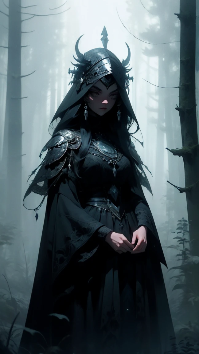 a beautiful witch, detailed intricate face, piercing eyes, long lashes, porcelain skin, flowing dark hair, ornate headdress, dark gothic dress, standing in a mystical forest, moonlit night, moody dramatic lighting, mist and fog, fantasy, dark magic, cinematic, highly detailed, photorealistic, 8k