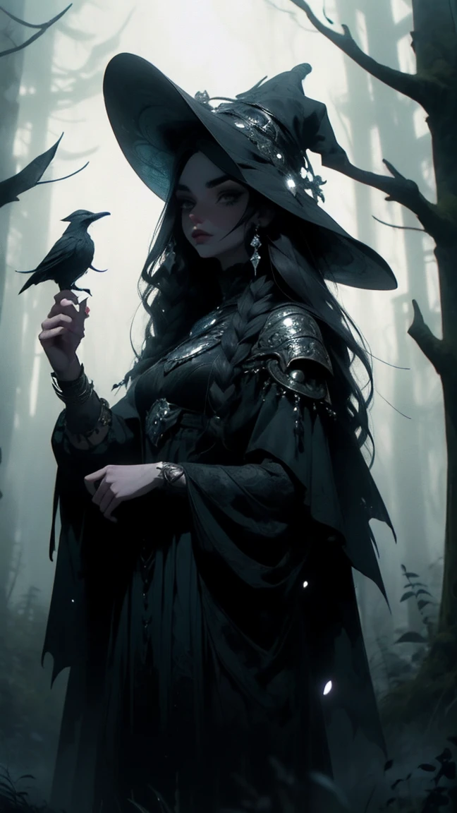 a beautiful witch, detailed intricate face, piercing eyes, long lashes, porcelain skin, flowing dark hair, ornate headdress, dark gothic dress, standing in a mystical forest, moonlit night, moody dramatic lighting, mist and fog, fantasy, dark magic, cinematic, highly detailed, photorealistic, 8k