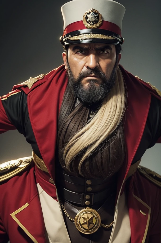 Create a photo of a villain known as the dictator Robinquis, he has a general's hat with an eagle coat of arms, just like those of the Germans from WWII, he has sharp teeth, his face is hidden but his eyes are reddish, a macabre smile, his clothes are all black with lines red and he wears boots and he's a teenager so he won't have a beard