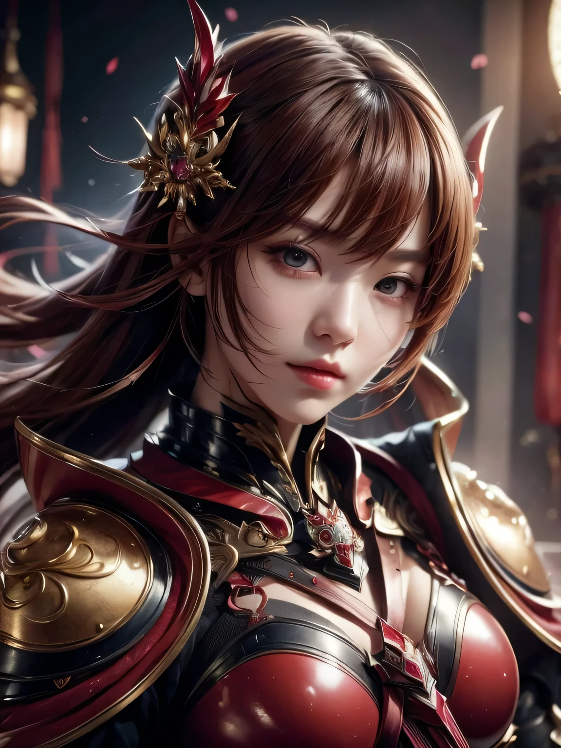 (high quality), (masterpiece), (detail), 8K, Hyper-realistic depiction of a futuristic Japanese character (1girl1.2), decked out in elaborate red armor. Meticulous detail captures the perfect blend of tradition and innovation in this stunning visual composition. Trending on Artstation. beautiful and sexy woman, brown hair