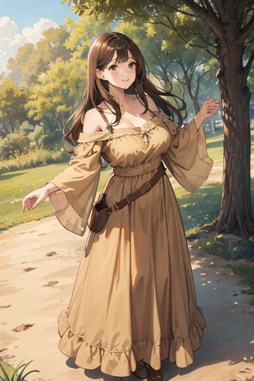 A straight haired brunette adult female standing on the ground, wearing loose brown plain summer dress with sleeves, low neckline, medieval, brown hair, large long shaped tits, silly personalty, cute happy demeanor, sunny disposition, deredere,