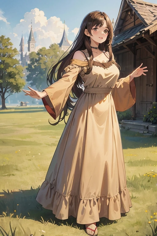 A straight haired brunette adult female standing on the ground, wearing loose brown plain summer dress with sleeves, low neckline, medieval, brown hair, large long shaped tits, silly personalty, cute happy demeanor, sunny disposition, deredere,