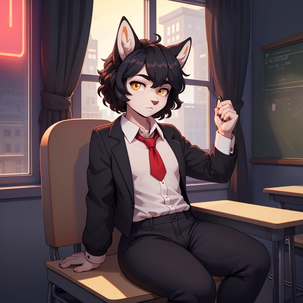 (masterpiece), (best quality), (high res) (solo), (perfect anatomy) (perfect face), wolf and sheep hybrid, (black hair), (black wool), (curly short hair), fair skin, ambiguous gender, (1boy1girl), flat chest, wide hips, thick thighs, (school uniform) (black pants), (black jacket with red lights), (white shirt), yellow glowing in the dark eyes, serious, androgynous, (long eyebrows), in a school room, (distracted), seated in a seat, (looking at a window), (ignoring the viewer)