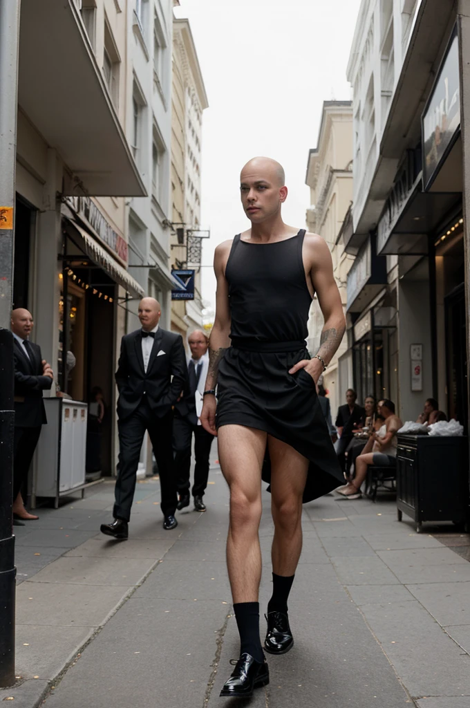 naughty man, offwhite, Scrawny, baldie, without hair, walking down the street in formal clothes, black dress shoes. Camera angle at waist height. People background, storefronts, blurred. 