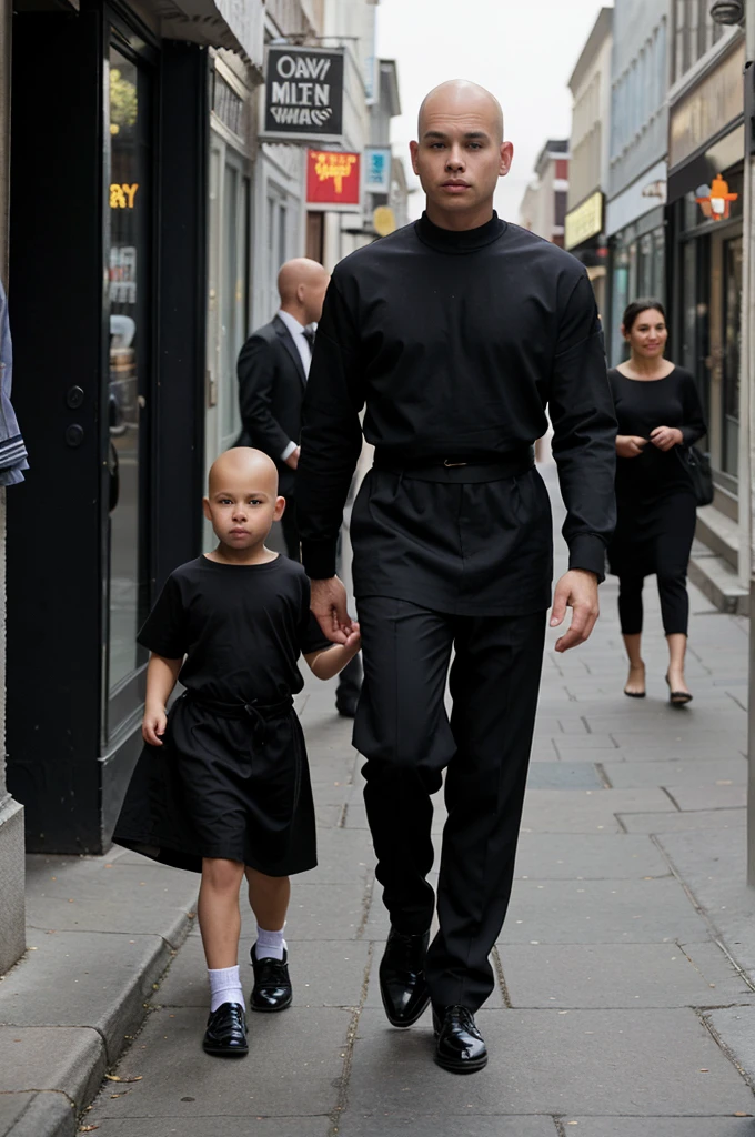 naughty man, offwhite, Scrawny, baldie, without hair, walking down the street in formal clothes, black dress shoes. Camera angle at waist height. People background, storefronts, blurred.