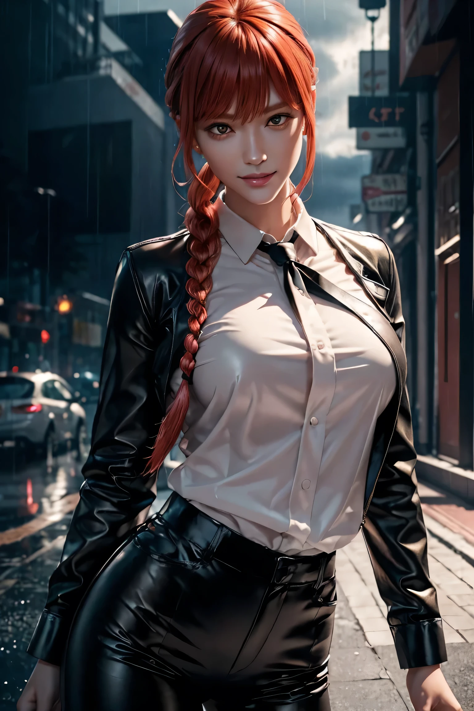 Chainsaw Man,Makima,With bangs,Red Hair,Braids at the back,Golden Eyes,White long sleeve shirt,Black tie,Black Leather Pants,Ultra HD,super high quality,masterpiece,Digital SLR,Photorealistic,Detailed details,Vivid details,Depicted in detail,A detailed face,Detailed details,Super Detail,Realistic skin texture,Anatomical basis,Perfect Anatomy,Anatomically correct hand,Anatomically correct fingers,Complex 3D rendering,Sexy pose,Rainy Sky,Beautiful scenery,Fantastic rainy sky,Picturesque,Pink Lips,smile,
