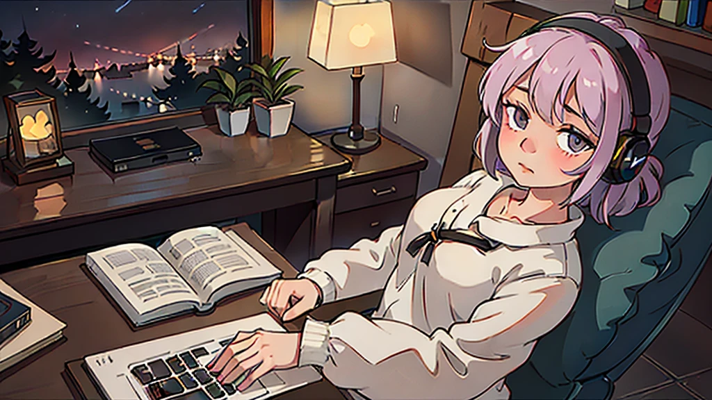 Generate an image of a beautiful girl at night, seated by a window, focused at her desk with headphones on, typing on a PC. The scene should have a gentle anime-like style with an aspect ratio of 16:9. Capture the serene atmosphere of nighttime with soft, ambient lighting from the window. Include subtle details like stars outside and a cozy, softly lit room with books and plants in the background.