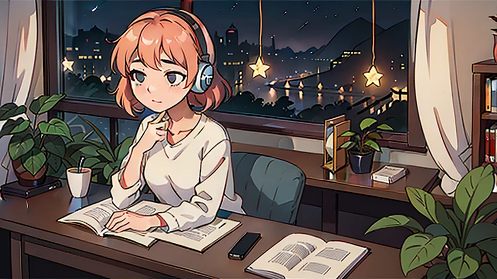 Generate an image of a beautiful girl at night, seated by a window, focused at her desk with headphones on, typing on a PC. The scene should have a gentle anime-like style with an aspect ratio of 16:9. Capture the serene atmosphere of nighttime with soft, ambient lighting from the window. Include subtle details like stars outside and a cozy, softly lit room with books and plants in the background.