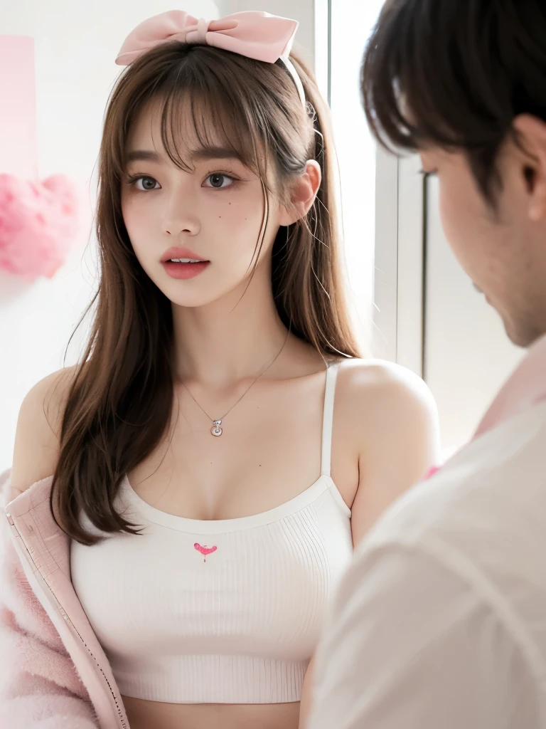 Kim Jennie with white brown hair, with curlers at the ends, with two bows on each side of the hair, all her hair white brown, with a star clip in her white brown hair, light colored eyes, pretty eyes, crying eyes, pretty, upturned nose, watery nose, Pretty lips, pink lips, heart and cupid shaped lip, pretty skin, pale, White skin, with moles and freckles all over his face, soft pink blush on the cheeks, natural pink blush, soft pink makeup, Jennie, nice neck, marked collar, frown, tender look, with a kiss necklace, a pretty kiss necklace, similar to Yumeko Jabami, while wearing a Crochet YK2, woolen, with a YK2 style brown mini skirt, while wearing a jacket with bear prints, while having a bare abdomen, Delgado, marked and pretty, (big breasts, soft breasts, nice breasts), while she is cosplaying the character Yumeko Jabami, The anime Kakegurui, While he is with a nice friend boy, looking to the camera