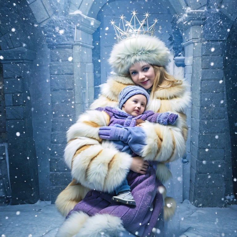 alone , single , snow queen, snowqueen , fur , fur coat , hug , snuggle ,cuddle , child , furcoat (masterpiece, best quality:1.2), 1girl, solo