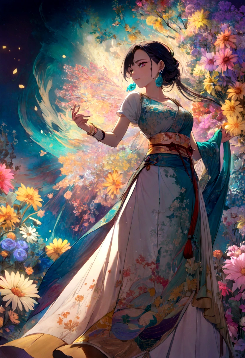 (masterpiece, Highest quality, Highest quality, Official Art, beautifully、aesthetic:1.2), (One girl:1.3),Copier (printer:1.5)Very detailed,(Fractal Art:1.1),(colorful:1.1)(Flowers:1.3),Best details,(Tangled:1.2), (Dynamic pose), (Abstract background:1.3), (Chinese traditional cloth:1.2), (Shiny skin), (Colorful:1.4), ,(Earrings:1.4),