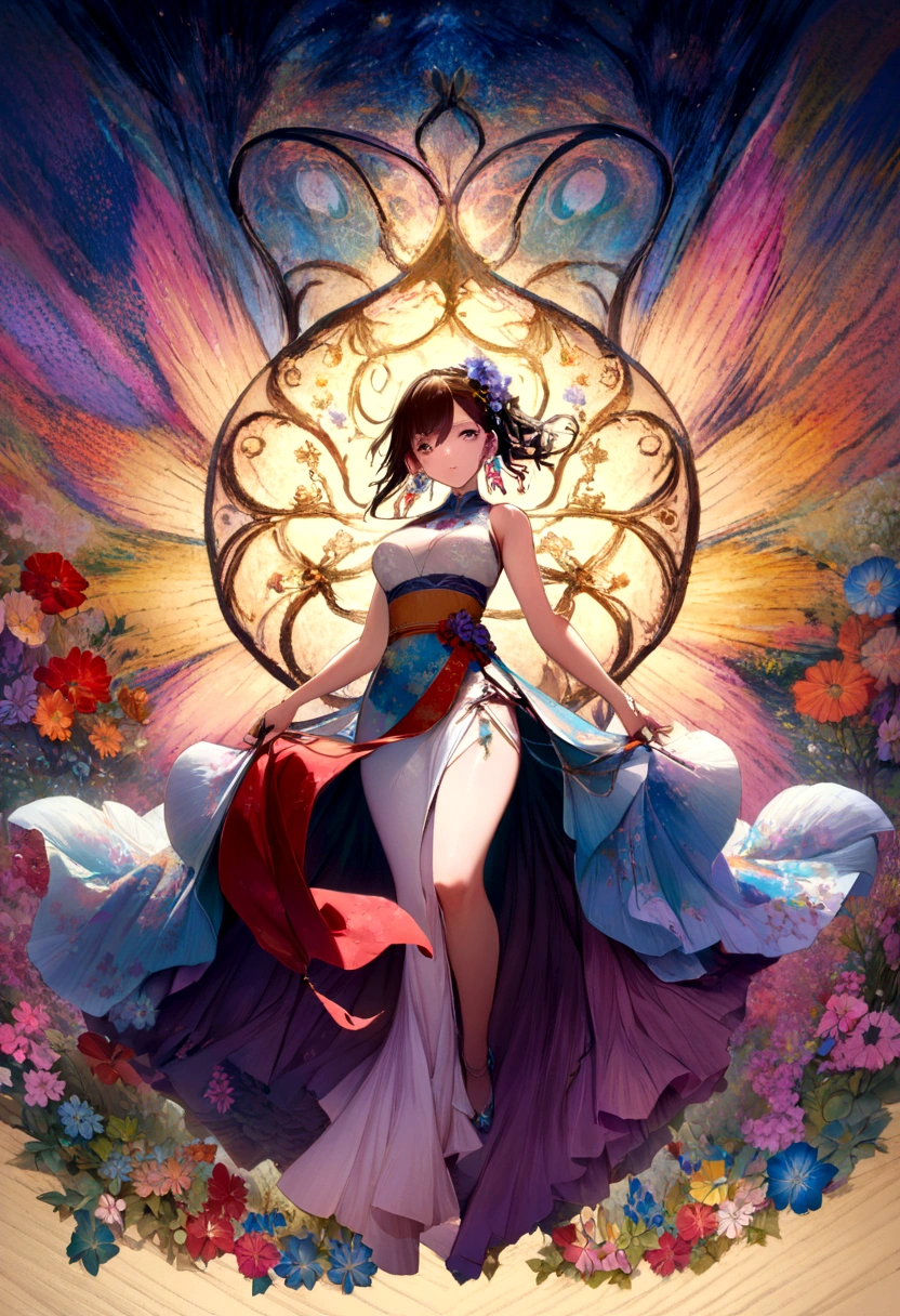 (masterpiece, Highest quality, Highest quality, Official Art, beautifully、aesthetic:1.2), (One girl:1.3),Copier (printer:1.5)Very detailed,(Fractal Art:1.1),(colorful:1.1)(Flowers:1.3),Best details,(Tangled:1.2), (Dynamic pose), (Abstract background:1.3), (Chinese traditional cloth:1.2), (Shiny skin), (Colorful:1.4), ,(Earrings:1.4),