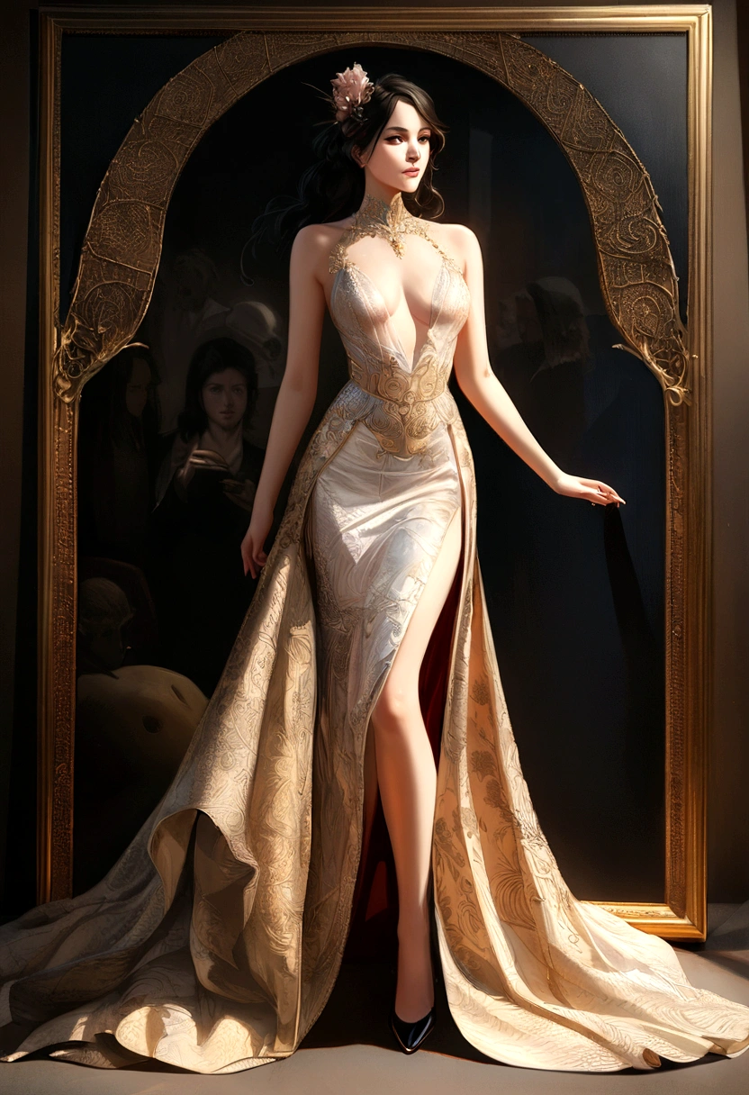 close up chinese silk fabric, pattern, jacquard, tailor, tailored, designer fabric, evening gown, silk, petrol, orange, haute couture, stunning, transparent, couture, top model, full body, hypnotic and mysterious, perfectly composed, beautifully detailed, intricate, crazy detailed octane rendering popular on art station, 8k art photography, photorealistic concept art, soft and natural volumetric cinematography perfect light, chiaroscuro, award winning photograph, masterpiece, oil on canvas, raphael, caravaggio, greg rutkowski, beeple, beksinski, giger