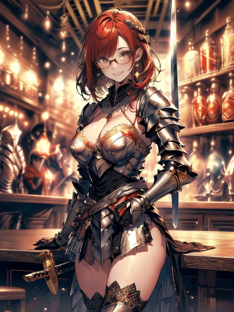 (Highest quality, masterpiece), (Ultra-high resolution, 8k RAW photos, Photorealistic:1.5, Cinema Lighting, Fabric Shading, Thin contours, Clear focus:1.2), Beautiful mature woman, Leaning forward, Long legs, Red hair:1.3, (Wearing thin glasses:1.5), (Mature Woman:1.5, 28 years old, alone), (1 female:1.6), (Large Breasts, Saggy breasts, big , Tight waist), whole bodyesbian, (very short hair:1.8, Red hair:1.3, ), (thin and bright pupils, Highlighted, detailed eyes:1.3, A face with attention to detail, perfect face shape, Bloodshot eyes), (A seductive smile, Half-close your eyes:1.2), (Looking at the audience:1.3), (Dutch Angle, whole body:0.5, From below:1.5), ((Correct Anatomy:1.5, The right move)), (Ideal body proportions),(((Fluttering lace flared mini skirt, Sexy silver armor with attention to detail:1.5、red and black boots、Silver Helmet、Silver Gauntlets、Jeweled、Gold decoration)))、Slender、(Thighs Thighs Thighs Thighs:0.8)、(At the bar、Artistic stained glass、Hello Point、Mysterious、Particles of light、Solemn、Nikko is、colorful、Fantastic:1.2)、(Fantastic:1.3)、(Female knight with sword:1.8)、Cross Necklace:1.2, (Dynamic pose),