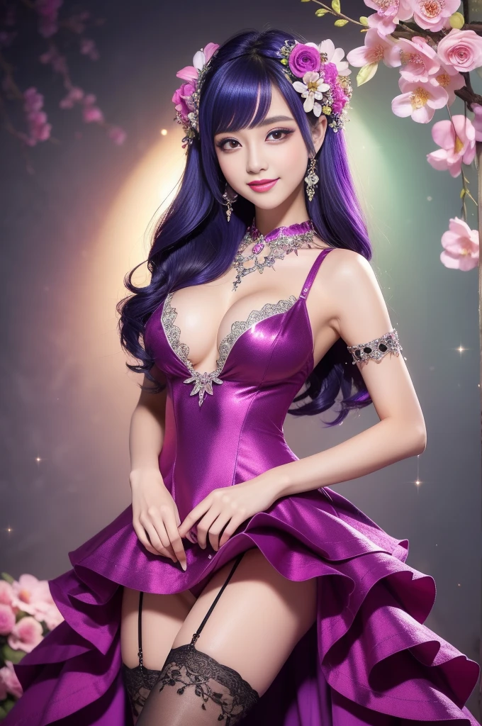 beautiful sexy woman who controls poison、beautiful smile、lipgloss、long lashes、professional makeup、full body Esbian、、sparkling poisoned flower costume、、、、sparkling Colorful hair、secrete poison、skull hair accessories schnet tights、flowers background