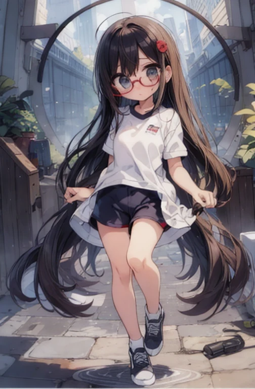 (Big red round glasses:1.3)、(Timid girl、blush、Watery eye:1.2)、Long black hair、White short sleeve shirt、Navy blue shorts、Gym suit、 body、Flat 体、Gym suitショートパンツ、Wide-legged shorts、Shorts and thigh gap
