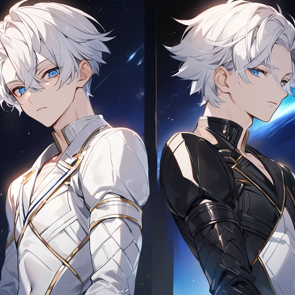 High quality, HD, 4k, no shadows, handsome male, 1male, 17 years old, teenager, golden lining, short white hair, sharp eyes, dark blue eyes, blue eyes, deep blue eyes, devil may cry, close up, calm expression, stoic expression, black leather clothes, white leather clothing, lean body, well trained body, upper body, looking at viewer, cowboy shot, white solar, space background
