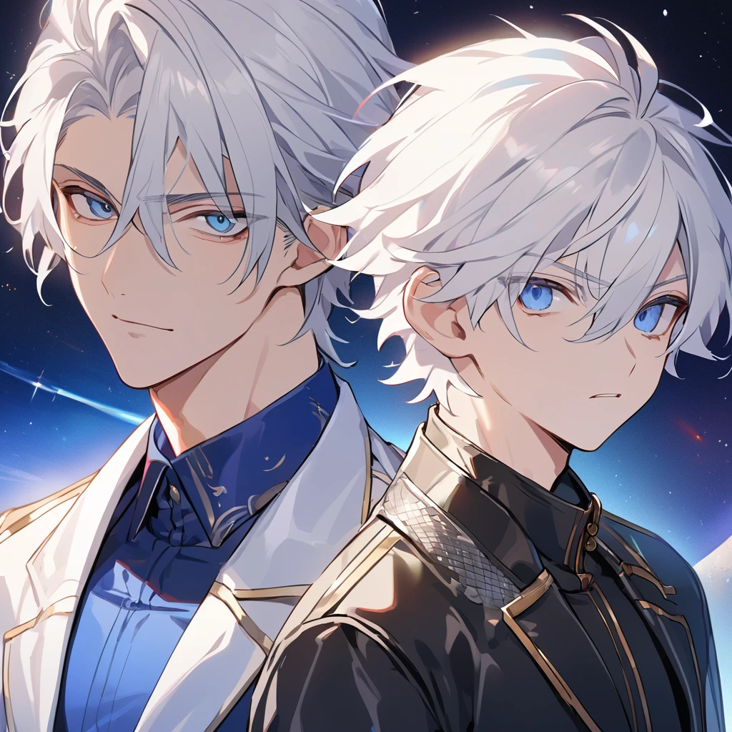 High quality, HD, 4k, no shadows, handsome male, 1male, , teenager, go lining, short white hair, sharp eyes, dark blue eyes, blue eyes, deep blue eyes, devil may cry, close up, calm expression, stoic expression, black leather clothes, white leather clothing, lean body, well trained body, upper body, looking at viewer, cowboy shot, white solar, space background