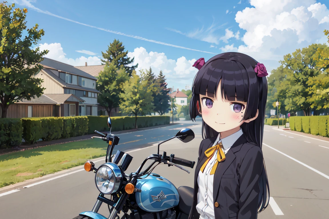 blue sky、((motorcycle)), In the park、(ruri gokou)、彼女はビクトリア朝のメイド服を着てmotorcycleに乗っています、Hime cut, blush, Mole, Mole under eye, ((Chibi Character))、Cute Smile、fluffy、fluffy、(Chibi Character:1.3)、Mini Characters、Chibi Character、Highest quality