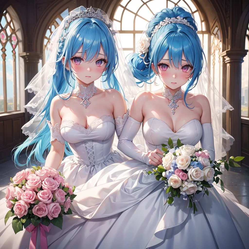 Sky blue hair, (Braided Ponytail),(Pink Eyes),Fair skin ,(whole body),(1 Girl),bride,blush,Straight bangs, 6月のbride,Wedding dress,(masterpiece, Highest quality, Very detailed, Best Shadow), (Detailed Background), (Beautifully detailed face), High Contrast, (Best lighting, Very delicate and beautiful), ((Cinematic Light)), colorful, Hyper Detail, Dramatic Light, Intricate details,Wedding hall,Bouquet of roses