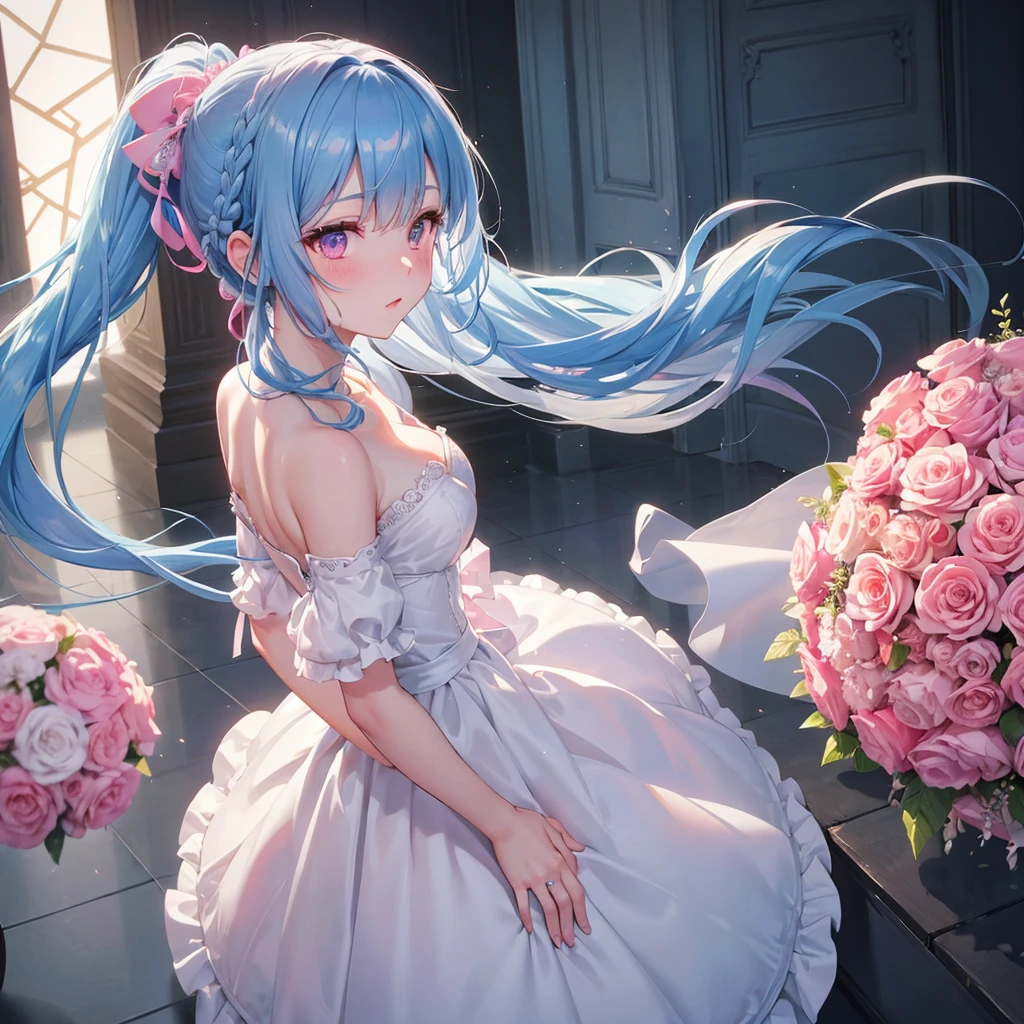 Sky blue hair, (Braided Ponytail),(Pink Eyes),Fair skin ,(whole body),(1 Girl),bride,blush,Straight bangs, 6月のbride,Wedding dress,(masterpiece, Highest quality, Very detailed, Best Shadow), (Detailed Background), (Beautifully detailed face), High Contrast, (Best lighting, Very delicate and beautiful), ((Cinematic Light)), colorful, Hyper Detail, Dramatic Light, Intricate details,Wedding hall,Bouquet of roses